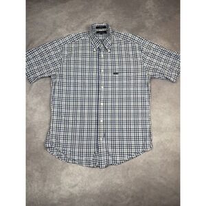 Faconnable Shirt Mens Small Blue White Plaid Button Down Short‎ Sleeve Casual